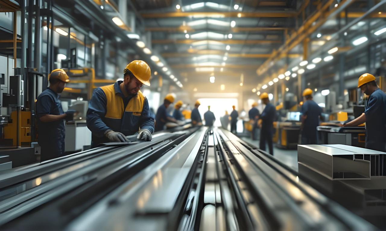 Equipo de Maestro Diseño trabajando en planta con perfiles de aluminio y maquinaria industrial bajo luz natural