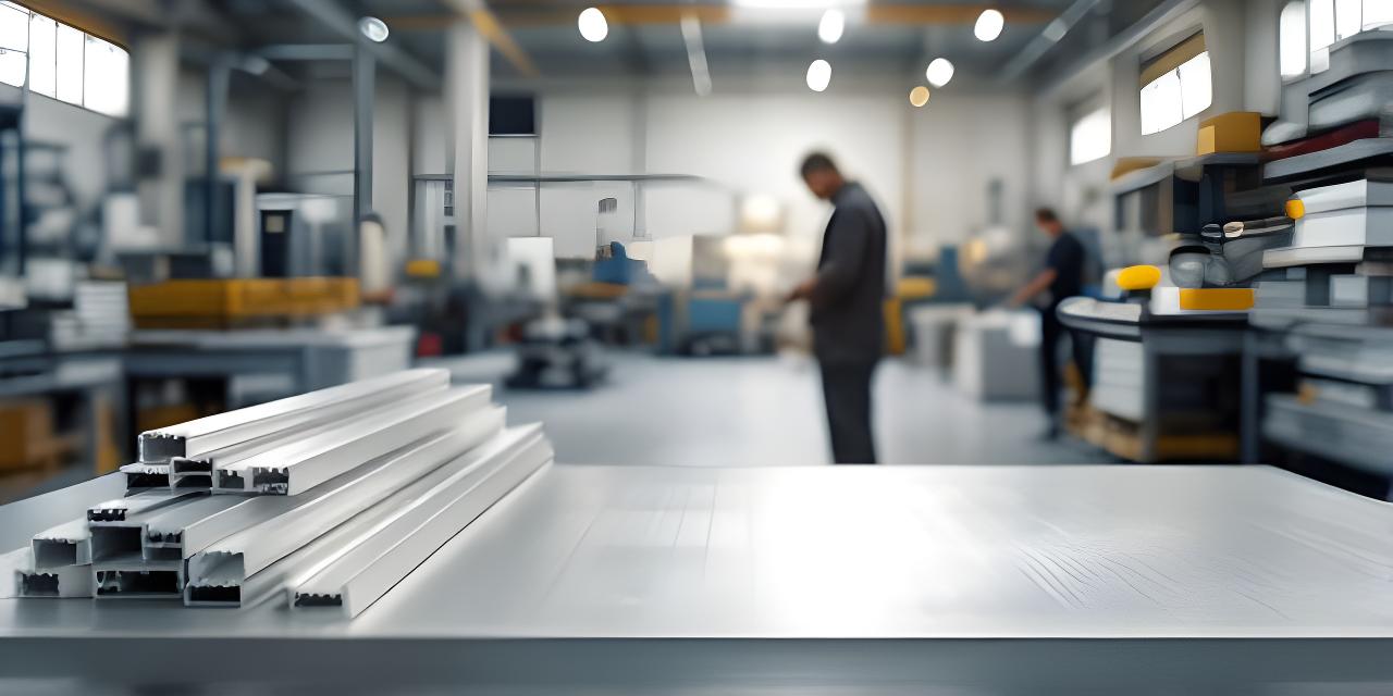 Plano general de un taller de aluminio luminoso con perfiles ordenados, mesa de trabajo y una vista limpia del proceso industrial