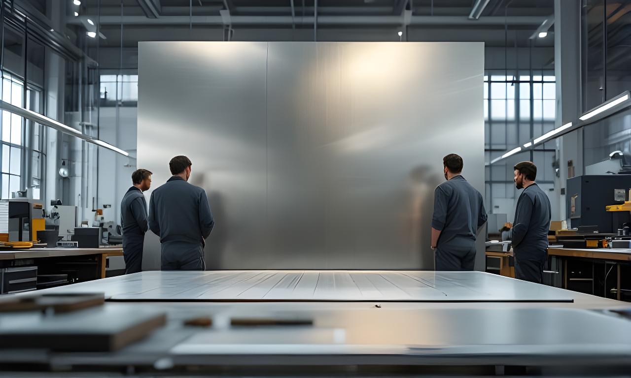 Equipo de fabricación de aluminio revisando un panel arquitectónico de gran formato en taller iluminado