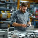 Jefe de compras en planta metalúrgica revisando componentes de aluminio sobre una mesa técnica
