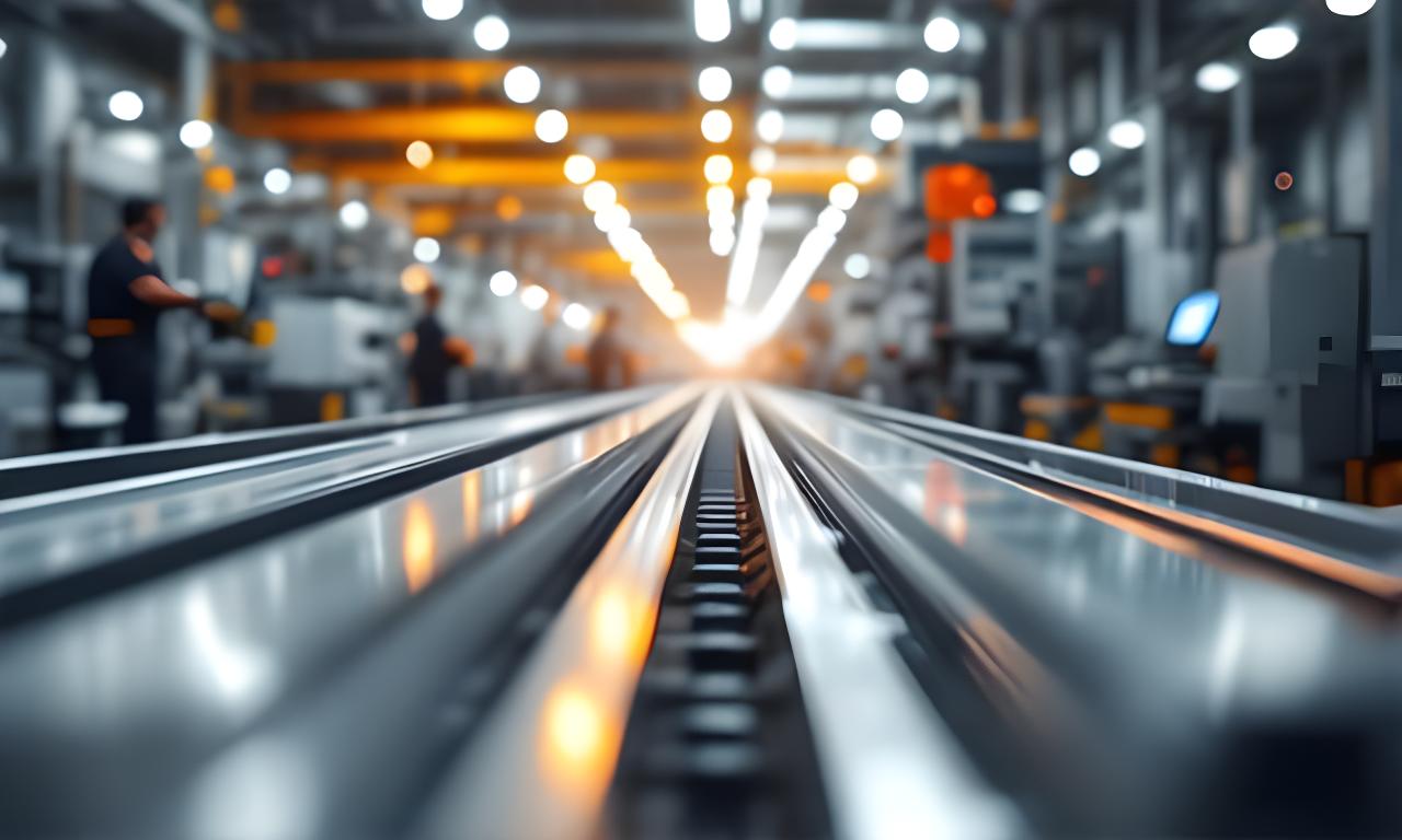 Línea de producción de perfiles de aluminio brillantes en una planta industrial luminosa con control de calidad