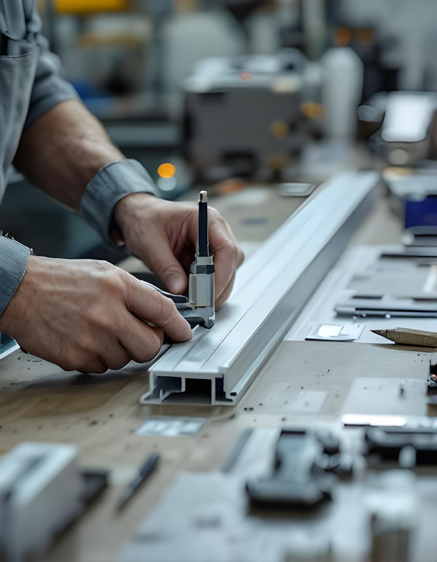 Técnica de control de calidad midiendo perfiles de aluminio junto a un banco de herramientas y planos técnicos
