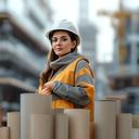 Arquitecta de Buenos Aires frente a una obra corporativa, con casco y planos enrollados